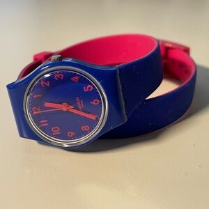 Swatch Blue Dial with Pink Strap Water-Resistant Double Wrap Wristwatch